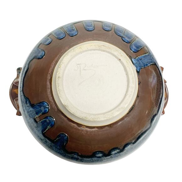 Artist Signed oRuchat Blue Brown Decorative Glazed Ceramic Lidded Pottery - Picture 9 of 10